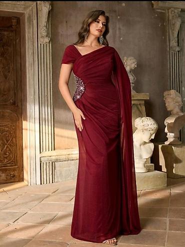 das sekilleri: Bordo rəngdə zərif gecə/libas - Model: Floor-length, bir çiyinli — 3