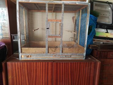 Akvarium aksessuar və ləvazimatları: Taxta və metal tor materiallarından hazırlanmış quş qəfəsi. Qəfəsin ön