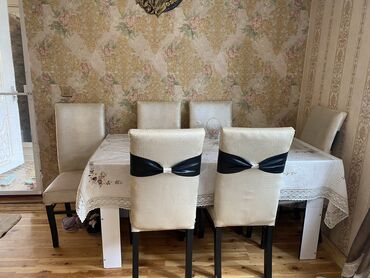 ev üçün stol: Qonaq otağı üçün, İşlənmiş, Açılmayan, Dördbucaq masa, 6 stul
