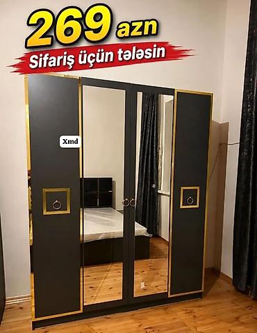 iskaf: Güzgülü paltar dolabı – qara rəngdə, qızılı haşiyələr və dekorativ — 1