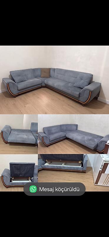 L‑şəkilli künc divan - Rəng: boz (yumşaq velur toxuması) - Modul