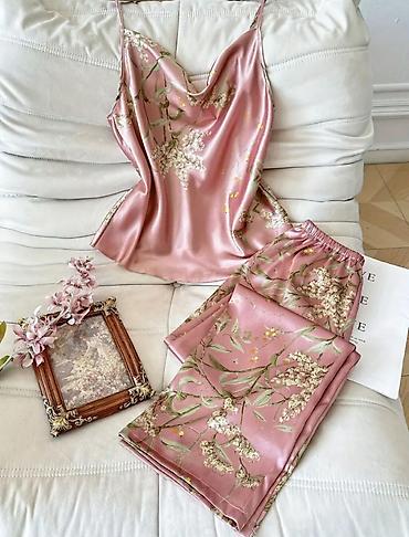 ev desti: Zərif satən pijama dəsti – 2 parça, L razmer. - Rəng: gülqızılı — 1