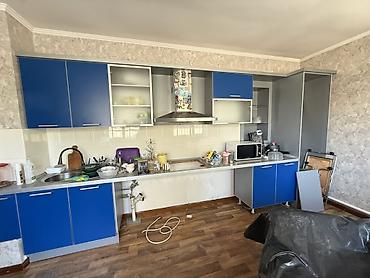 Кухонный гарнитур прямой, синие фасады - Планировка: прямая линия