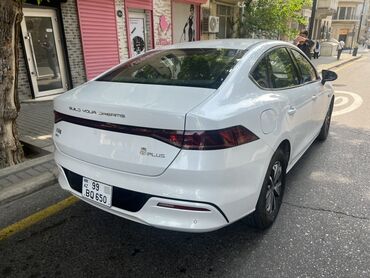 Digər Avtomobillər: Ağ rəngdə olan BYD Qin Plus elektromobili. Avtomobilin arxa hissəsində