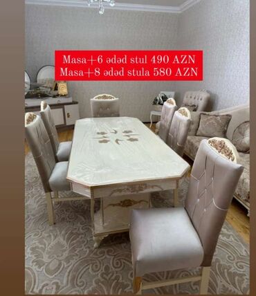 Masa və oturacaq dəstləri: Qonaq otağı üçün, Yeni, Açılmayan, Dördbucaq masa, 6 stul