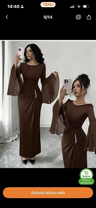 Donlar: Qəhvəyi rəngli uzun ziyafət donu - Model: bədənə oturan maxi uzunluq — 1