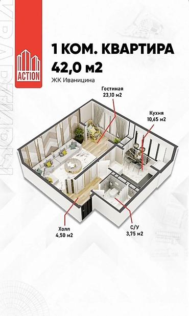 иваницина: 2 комнаты, 42 м², Чекиш-Ата рынок Индивидуалка, 3 этаж, Косметический ремонт — 5