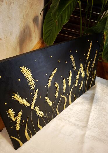 Şəkillər, tablolar: Əl işim "Sünbüllər" dekorativ tablo – qara fon üzərində qızılı sünbül — 2