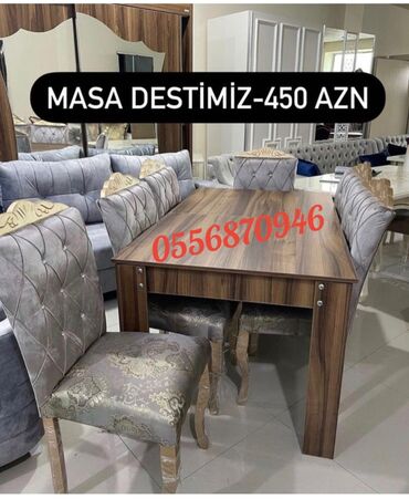 Masa və oturacaq dəstləri: Qonaq otağı üçün, Yeni, Açılmayan, Dördbucaq masa, 6 stul — 5