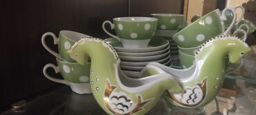 qab qaçaq: Çay dəsti, rəng - Yaşıl, Farfor, 6 nəfərlik, SSRİ