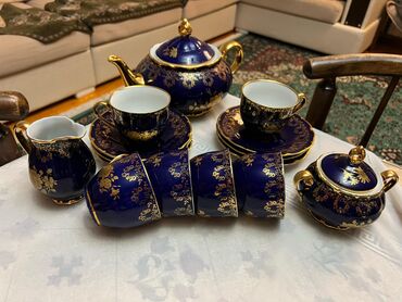 çay servis: Çay dəsti, rəng - Göy, Farfor, 6 nəfərlik, Çexiya