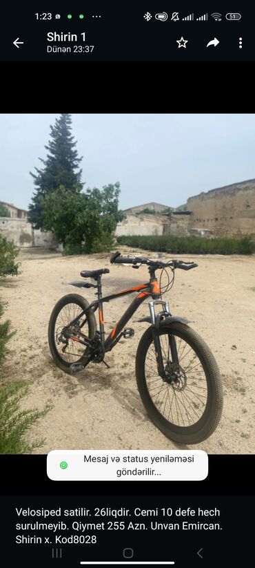 Velosiped satilir. 26liqdir. Cemi 10 defe hech surulmeyib. Qiymet 255
