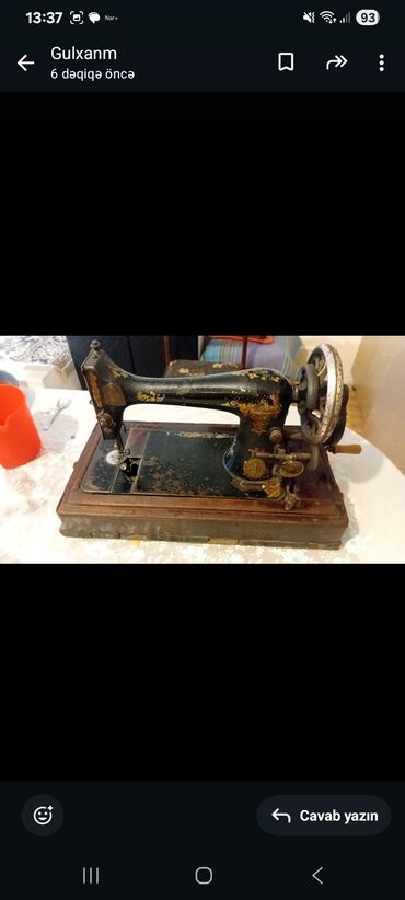 Qədim tikiş maşınları: Məhsul: Antik “Singer” mexaniki tikiş maşını və taxta qapaqlı bazası — 7