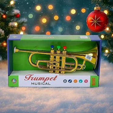 Muzički instrumenti za decu: Muzička truba – dečja igračka - Sjajna zlatna truba u kutiji “Trumpet — 1