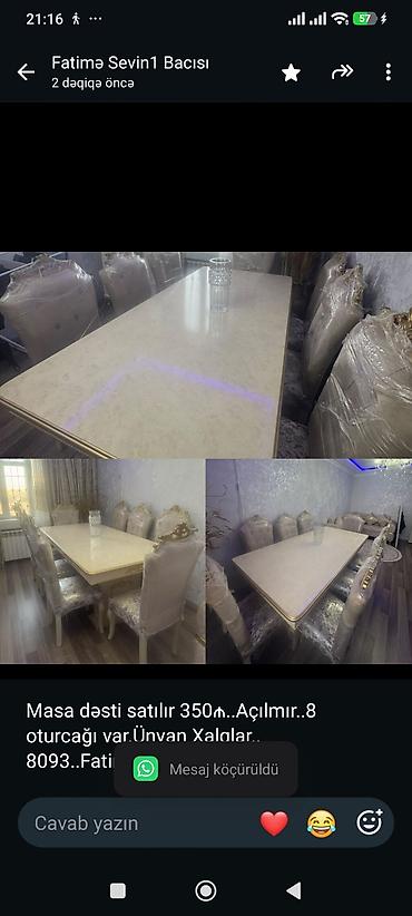 Masa dəsti satılır 350₼. Açılmır. 8 oturcağı var.Ünvan Xalqlar lalafo.az -da Masa dəsti satılır 350₼. Açılmır. 8 oturcağı var.Ünvan Xalqlar