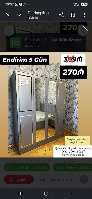 Ev üçün mebel: Dördqapılı şkaf – klassik dizayn, güzgülü orta qapılar, boz-qızılı — 1