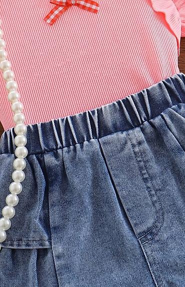 preline baby: Uşaq geyim dəsti – 2 hissə - Üst: Açıq çəhrayı rəngdə, nazik zolaqlı — 2