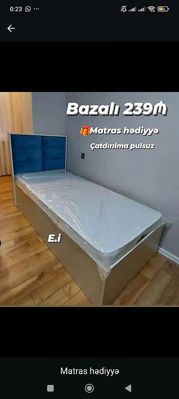 Çarpayılar: Bazalı tək nəfərlik çarpayı - Başlıq: yumşaq mavi parçalı, yastıqlı — 1