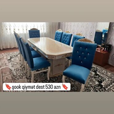 divan qabağı stol: Qonaq otağı üçün, Yeni, Açılmayan, Dördbucaq masa, 8 stul