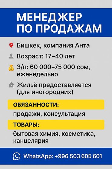 требуется реализатор на рынок дордой: Требуется Менеджер по продажам, График: Пятидневка, Полный рабочий день, Оплата переработки