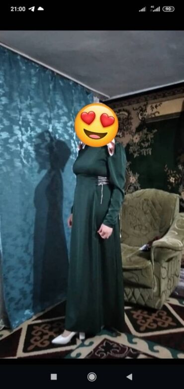 длинное платье темно зеленого: Вечернее платье, Длинная модель, Атлас, С рукавами, 3XL (EU 46)