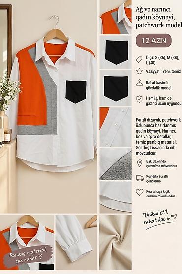 Köynək və bluzalar: Ağ və narıncı qadın köynəyi – patchwork dizayn - Qiymət: 12 AZN - — 1