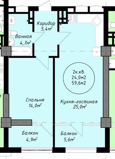 проекты двухэтажных домов: 2 бөлмө, 59 кв. м, Элитка, 10 кабат, Евроремонт