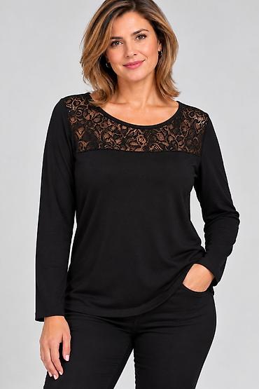 Bluze: Elegantna crna bluza sa dugim rukavima i romantičnim detaljem od čipke — 1