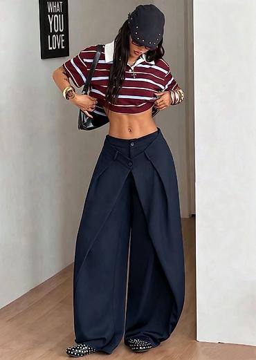 Pantalone: Ženske pantalone širokog kroja sa preklopom – statement model 2400din na lalafo.rs — 12 Pantalone: Ženske pantalone širokog kroja sa preklopom – statement model 2400din — 12