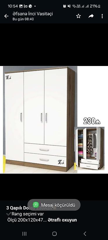 Sifarişlə ev mebeli: *3 Qapılı Dolab 230Azn💥* ✔️Rəng seçimi var Ölçü 200x120x47 ✔️ *Şəhər — 1