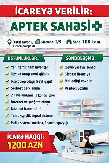 Digər daşınmaz kommersiya əmlakı icarəsi: 🏥 İCARƏYƏ VERİLİR: APTEK 📍 Ünvan: Xətai rayonu, Xəzər dairəsi, Gəncə — 2