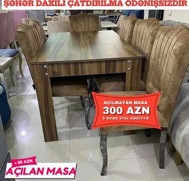 mebel masa: Qonaq otağı üçün, Yeni, Açılmayan, Dördbucaq masa, 6 stul, Azərbaycan