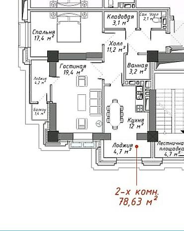 11: 2 комнаты, 78 м², Асанбай мкр Элитка, 11 этаж, ПСО (под самоотделку) — 3