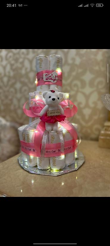 ad gunu dekorlari evde: Məhsul: Körpə üçün bez tortu (diaper cake) Təsvir: - 3 mərtəbəli — 1