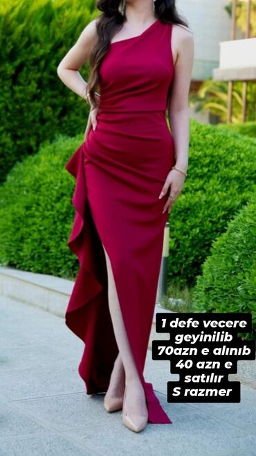 Sviterlər: Tünd qırmızı rəngli, bir çiyinli gecə/libas. Asimmetrik kəsim, bədənə
