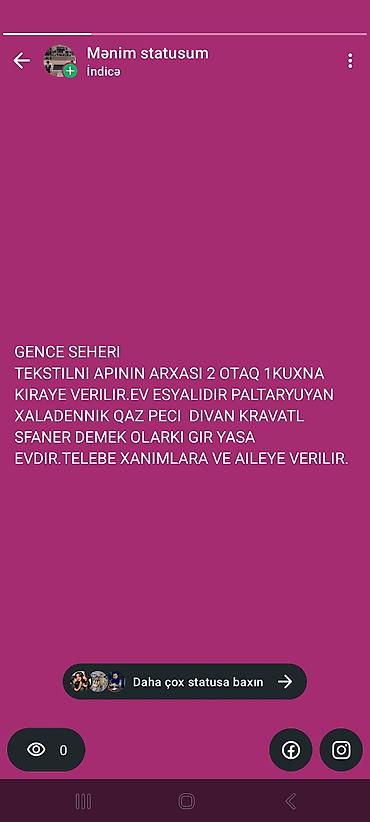 agdasda kiraye evler: Gəncə şəhəri, Tekstilni Apinin arxasında 2 otaq + 1 mətbəx kirayə — 1