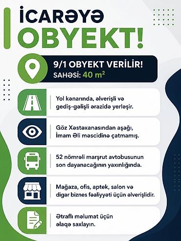 İcarəyə obyekt – 40 m² - 9/1 ünvanlı obyekt, yol kənarında - Göz