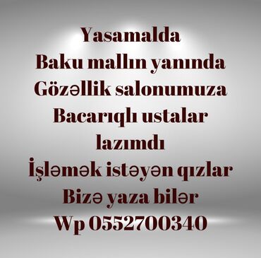 manikur ustası: Saç ustası tələb olunur, Faiz, Təcrübəsiz, Təlim