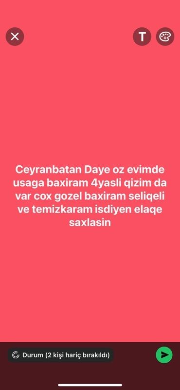 Dayələr: Ceyranbatanda öz evində uşaqlara baxan dayə xidməti təklif olunur