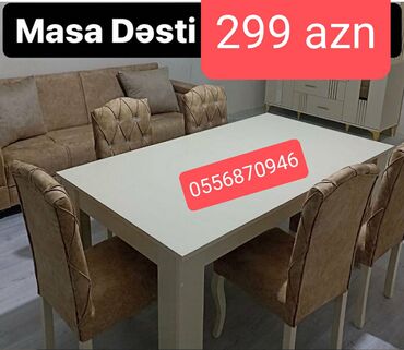 Masa və oturacaq dəstləri: Qonaq otağı üçün, Yeni, Açılmayan, Dördbucaq masa, 6 stul — 18