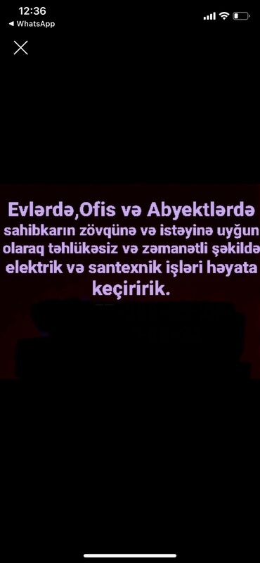 Digər tikinti xidmətləri: Evlər, ofislər və obyektlər üçün elektrik və santexnik xidmətləri