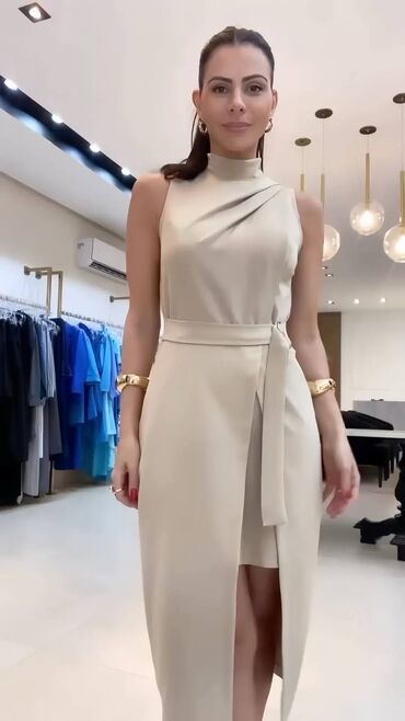 ivet midi haljine: S (EU 36), color - Beige, Cocktail, Short sleeves