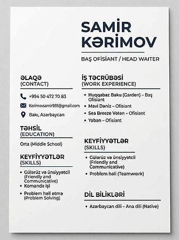 video editor vakansiya: Ofisiant, Kişi, 20 yaş, 5 ildən artıq təcrübə — 1