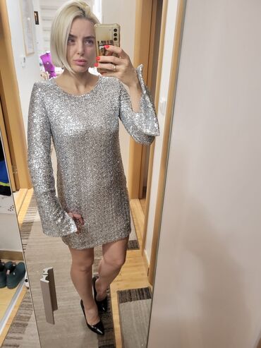 haljina na pruge zara: Zara S (EU 36), color - Silver, Cocktail, Long sleeves