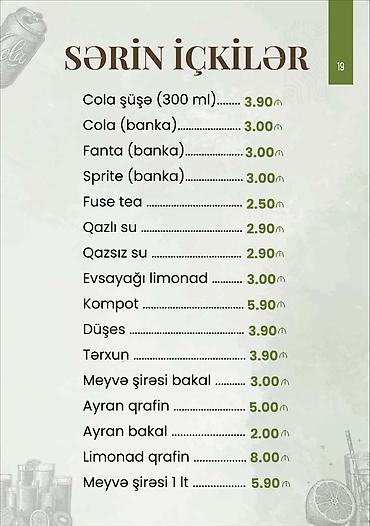 sərin su: Sərin içkilər menyusu - Cola şüşə (300 ml) — 3.90 - Cola (banka) — — 1
