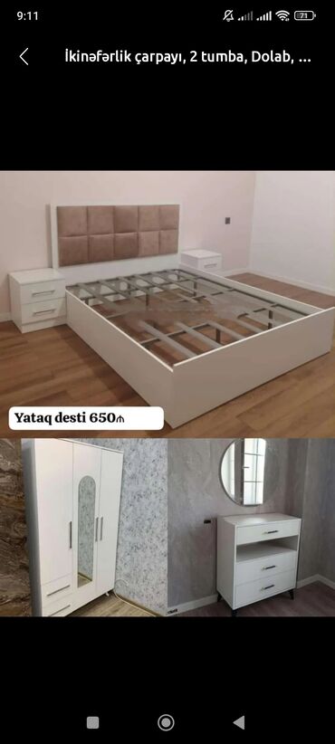 Yataq otağı dəstləri: 2 təknəfərlik çarpayı, Dolab, Tumba, 2 tumba, Azərbaycan, Yeni
