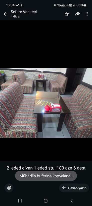 Restoran mebeli: 2 eded divan 1 eded stul 180 azn 6 dest var unvan yasamal sefure
