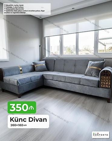 hedyeler: Künc divan – 260×160 sm - Mexanizm: açılan, bazalı (yataq funksiyası — 1