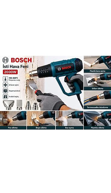 stikerlər: BOSCH İsti Hava Feni – 2000W Xüsusiyyətlər: - Güc: 2000W - Temperatur — 3