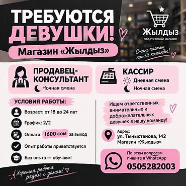 тазалык вакансии: Талап кылынат Сатуучу консультант га Азык-түлүк дүкөнү, Иш тартиби: Эки күн иштеп, эки күн бош, Окутуу, Түнкү смен — 1